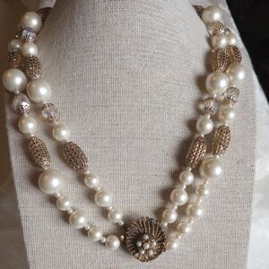 Vintage Japan Faux white Pearls Crystals AB filigree Beads Two Strand Necklace